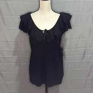 Black Scoop Neck Knit Tank Top with Ruffle Neckline and Tie Peephole Closure